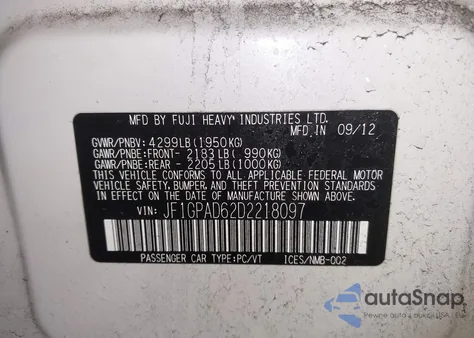 2013 Subaru Impreza 2.0I Premium z USA, uszkodzony, nr VIN JF1GPAD62D2218097